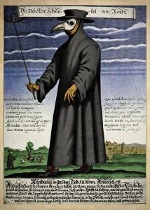 Morový lekár v 17. storočí a jeho typické oblečenie s ochrannou maskou proti zápachu